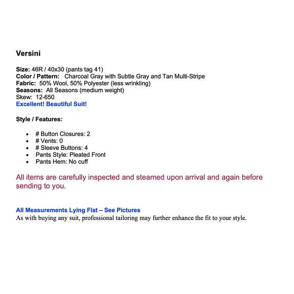 Versini Mens 46R 40x30 Gray Tan Stripe 2 Piece Suit - Picture 2 of 16